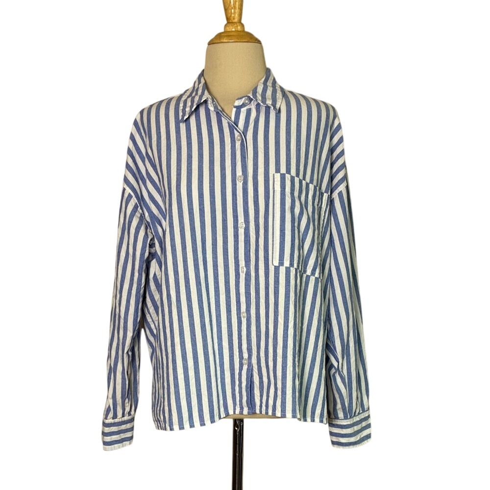 day + moon Medium Long Sleeve Boxy Blue White Striped Cotton Button Up Top Beach